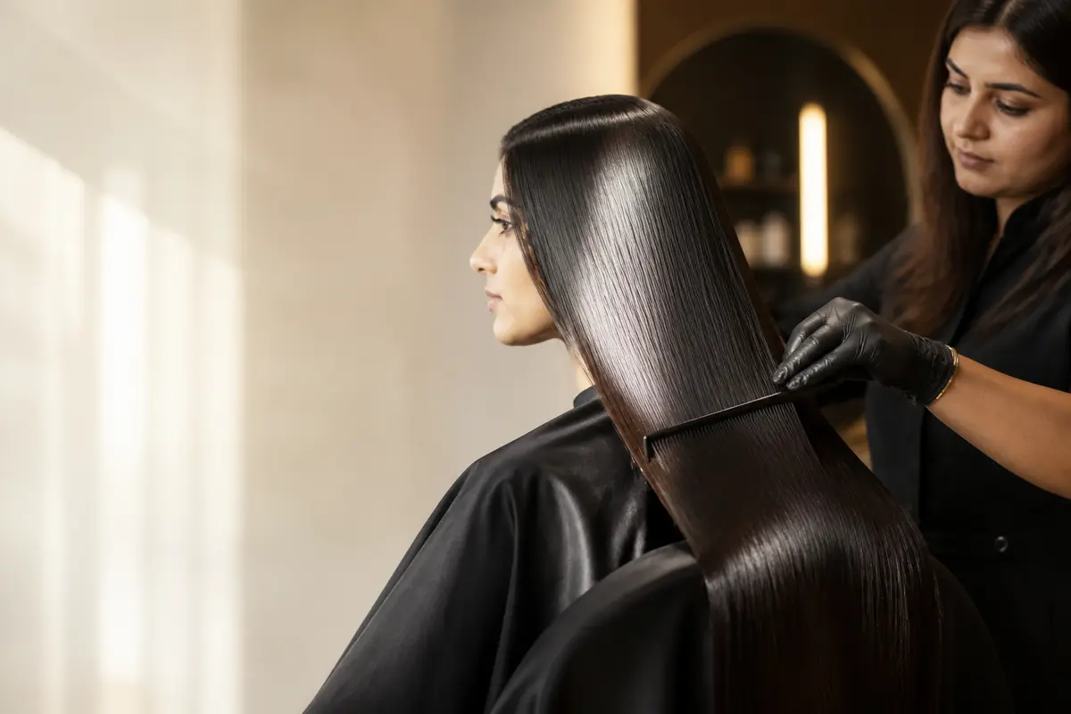 Glossy smooth hair after a professional keratin treatment